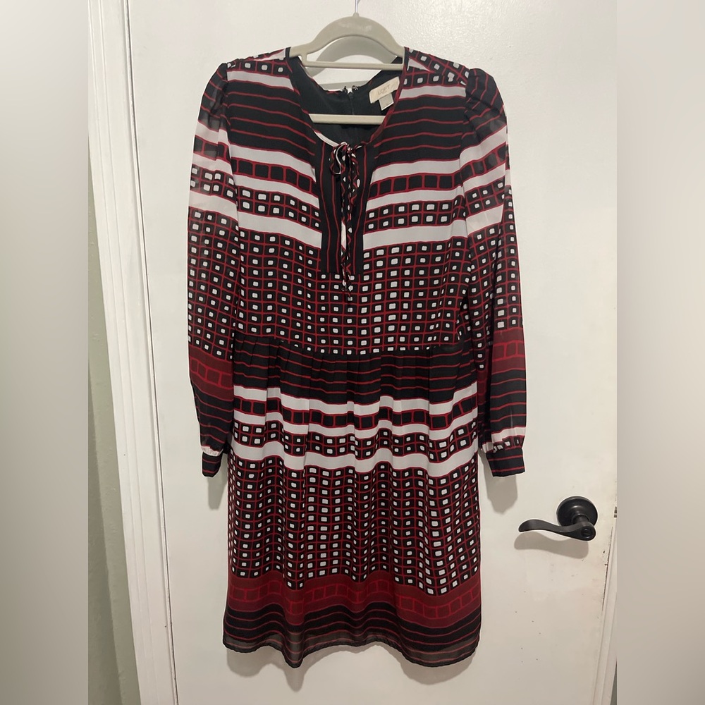 LOFT Red and Black Geometric Long-Sleeve Tie-Neck Dress
